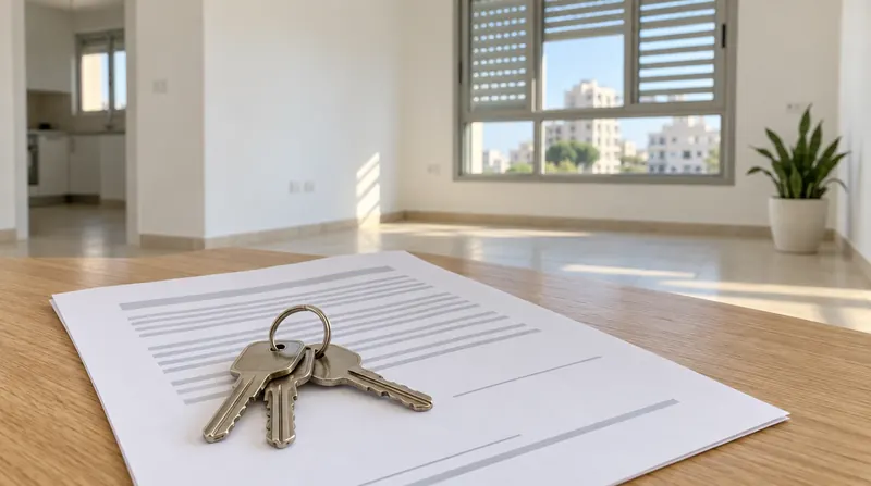 מפתחות דירה מונחים על חוזה חתום בדירה ריקה ומוארת